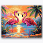 Paint by numbers design of flamingos, sunset, vibrant sunset sky, standing flamingos