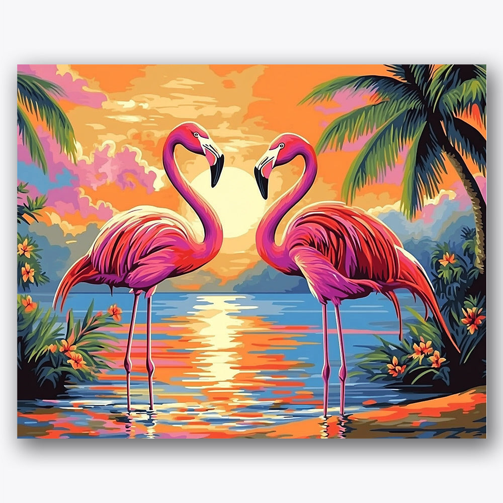 Paint by numbers design of flamingos, sunset, vibrant sunset sky, standing flamingos