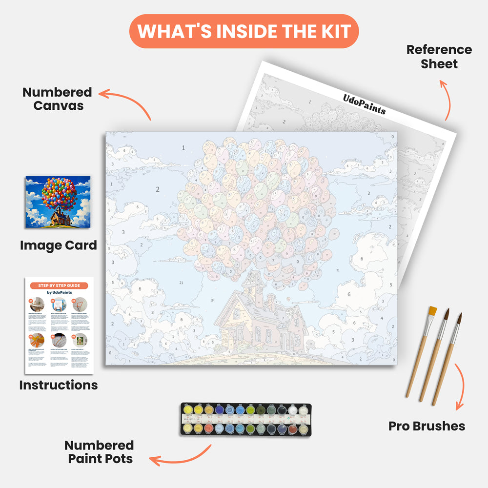 Floating Home Adventure Paint by Numbers Kit – includes numbered canvas, paint pots, brushes, and instructions