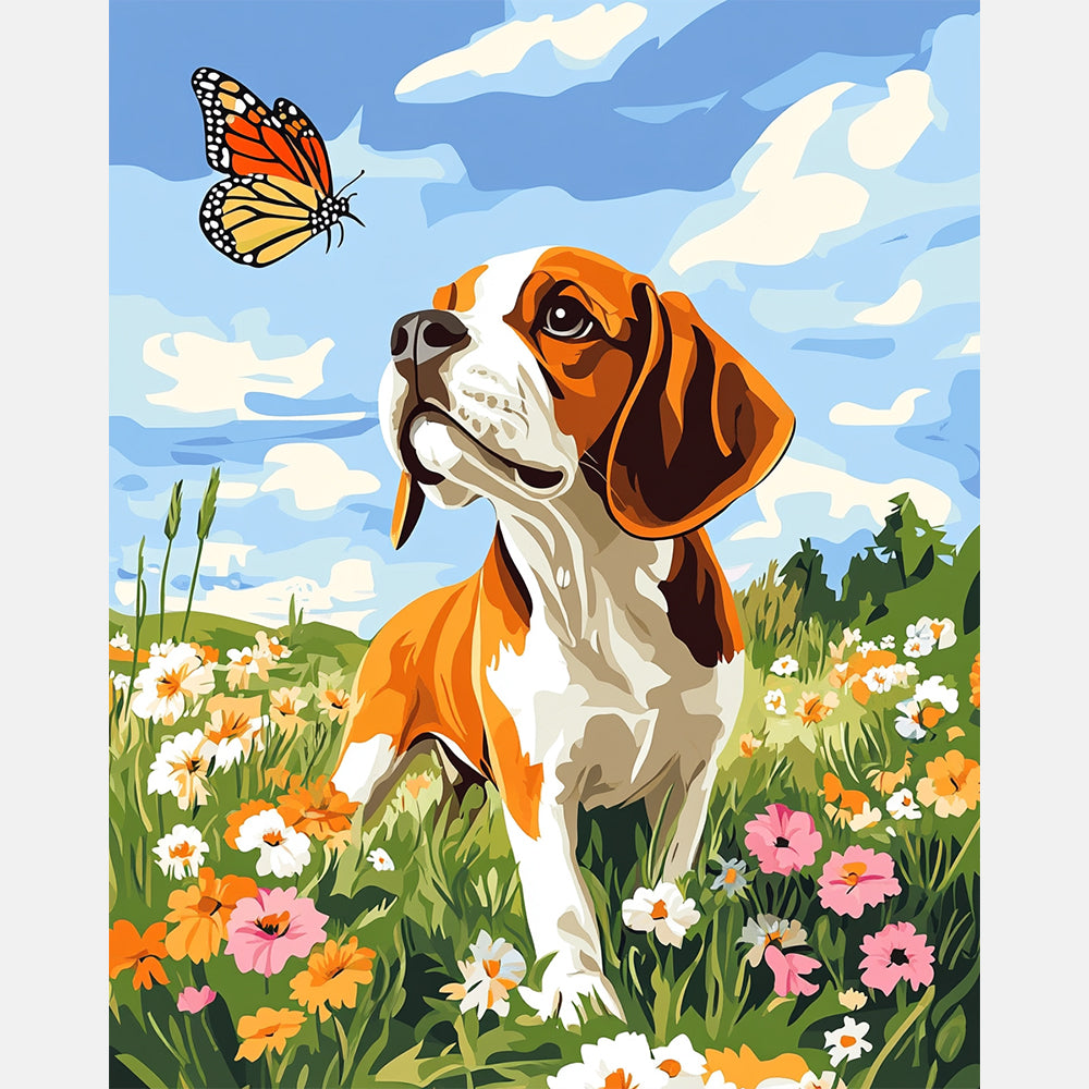 Floral Beagle Paint by Numbers Kit design preview showing the full artwork layout before painting