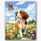 Paint by numbers design of beagle, butterfly, bright flowers, blue sky, A beagle stands in a vibrant field under a blue sky