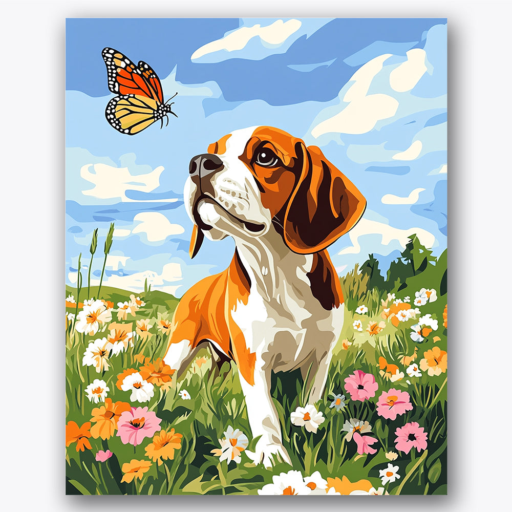 Paint by numbers design of beagle, butterfly, bright flowers, blue sky, A beagle stands in a vibrant field under a blue sky
