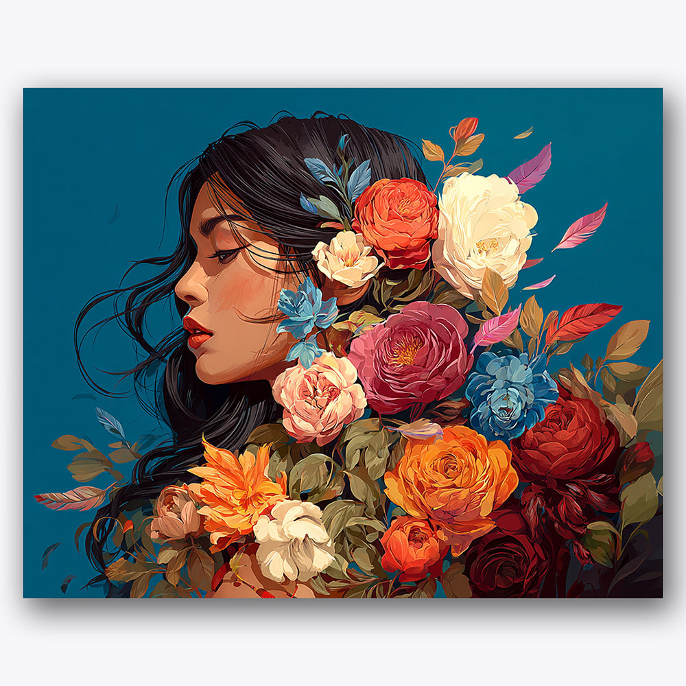 Paint by numbers design of woman's profile, vibrant flowers, intricate flower details, vibrant color contrast