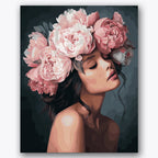 Paint by numbers design of woman, pink flowers, elegant floral crown, soft facial expression