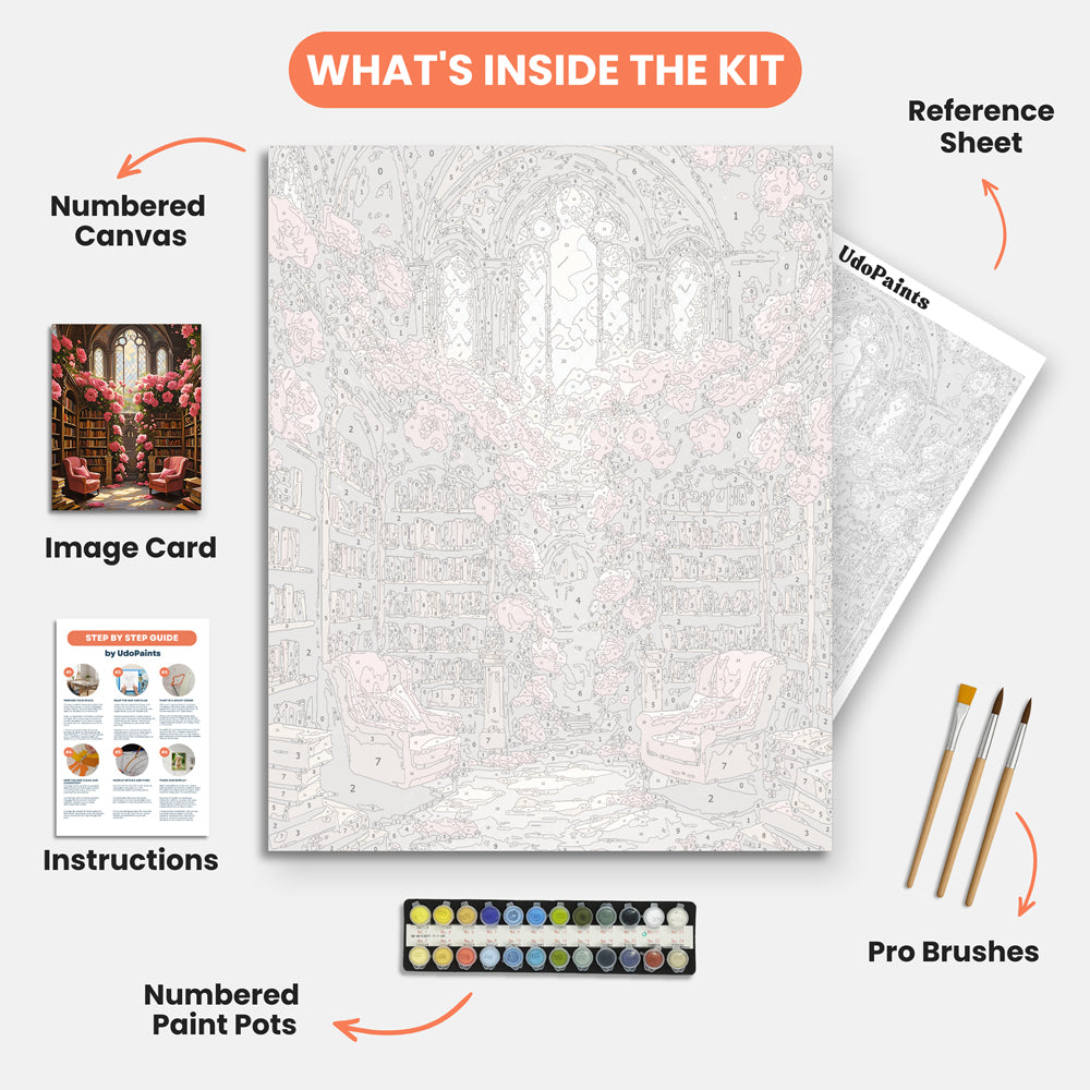Floral Library Oasis Paint by Numbers Kit – includes numbered canvas, paint pots, brushes, and instructions