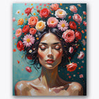 Serene figure with a crown of vibrant flowers. Floral Serenity Paint by Numbers Kit by UdoPaints