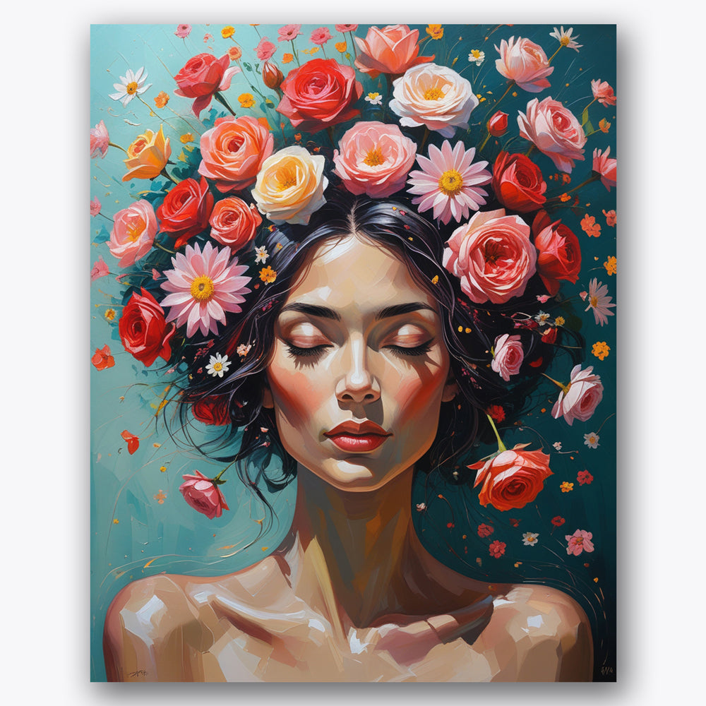 Serene figure with a crown of vibrant flowers. Floral Serenity Paint by Numbers Kit by UdoPaints