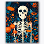 Paint by numbers design of skeleton, orange flowers, ribcage detail, vibrant orange flowers