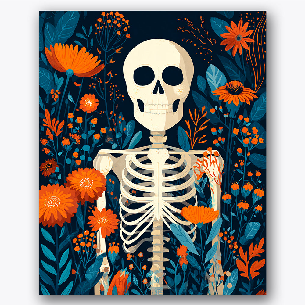 Paint by numbers design of skeleton, orange flowers, ribcage detail, vibrant orange flowers