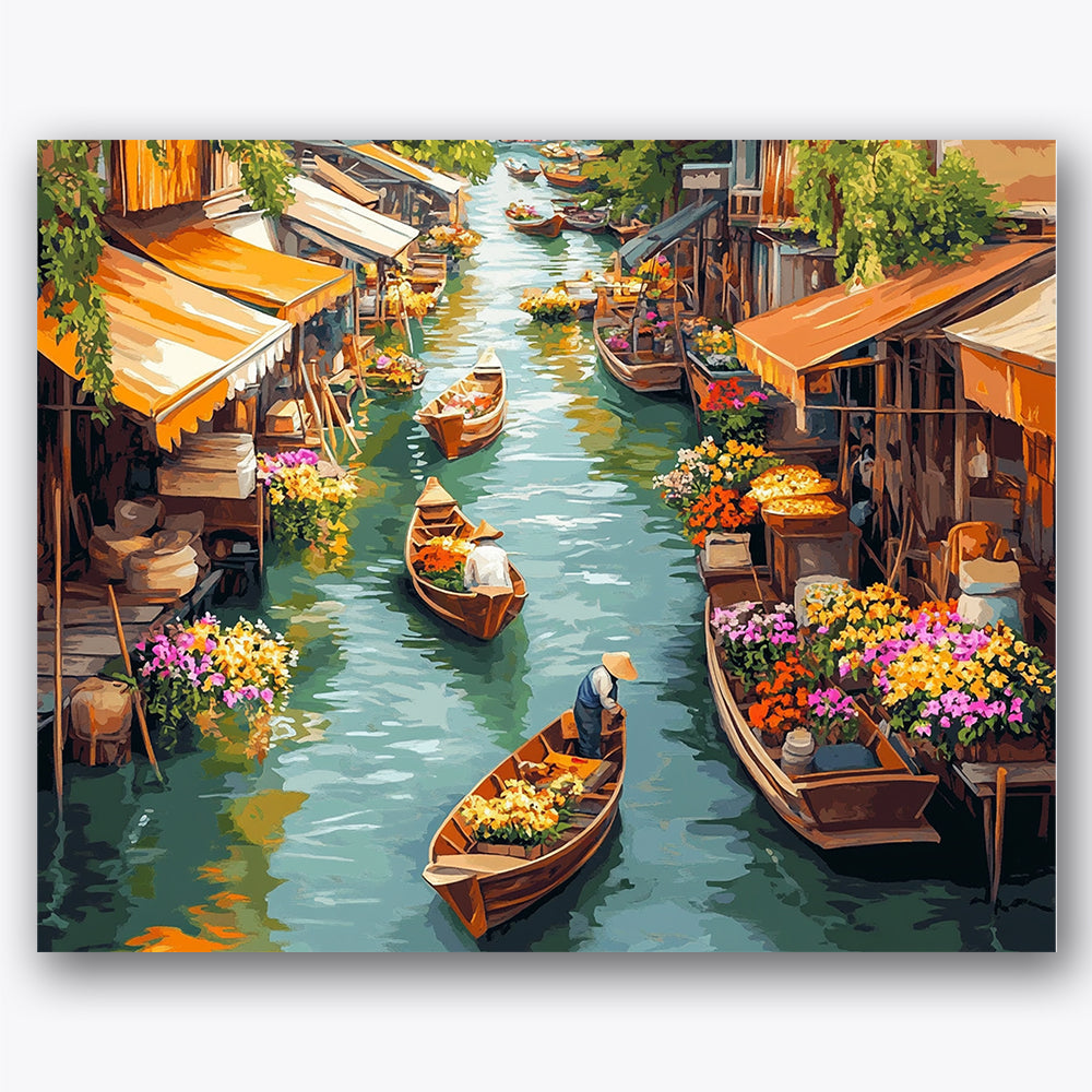 Paint by numbers design of flower boats, canal market, bright flowers on boats, shops lining the canal