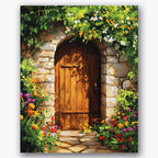 Paint by numbers design of stone doorway, vibrant flowers, wooden arched door, vibrant flower clusters
