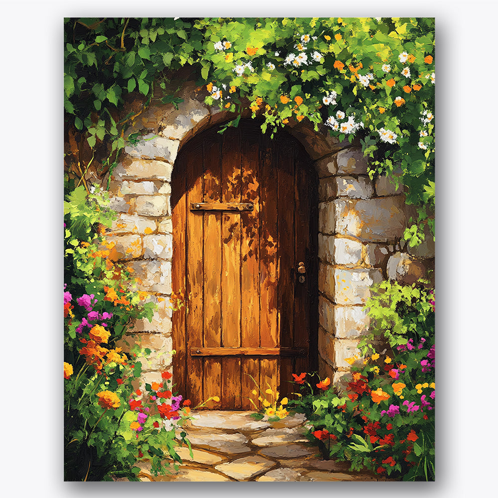 Paint by numbers design of stone doorway, vibrant flowers, wooden arched door, vibrant flower clusters