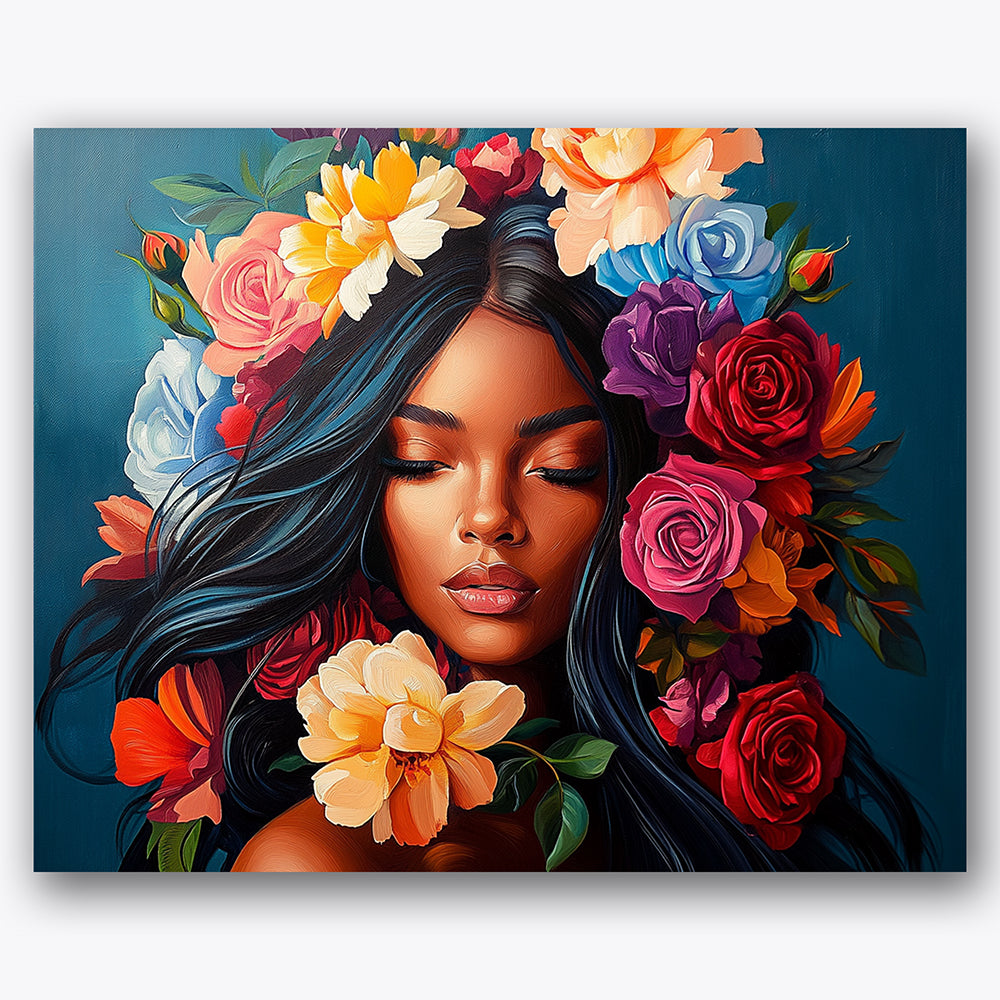 Paint by numbers design of woman, flowers, vibrant roses, delicate peonies