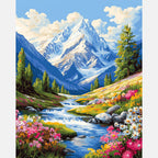 Flowery Mountain Cascade Paint by Numbers Kit design preview showing the full artwork layout before painting