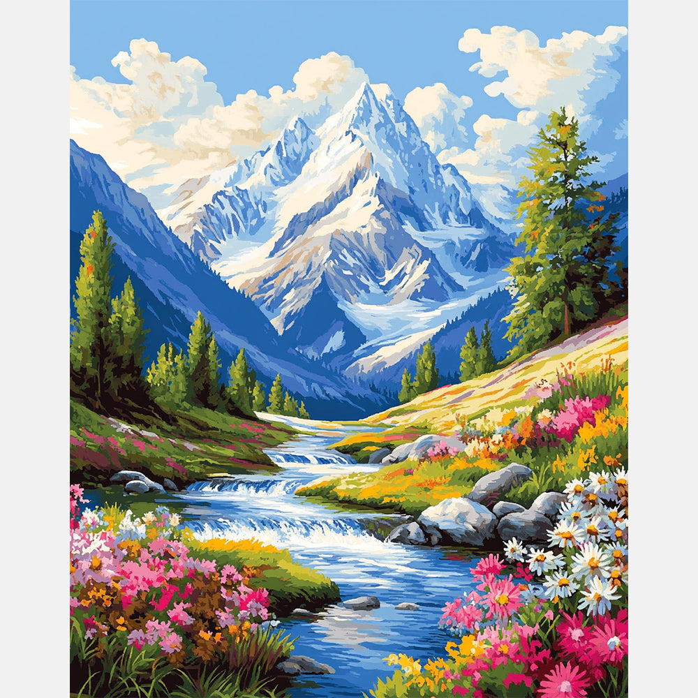 Flowery Mountain Cascade Paint by Numbers Kit design preview showing the full artwork layout before painting