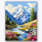 Paint by numbers design of mountain landscape, river and wildflowers, snow-capped mountains, cascading river