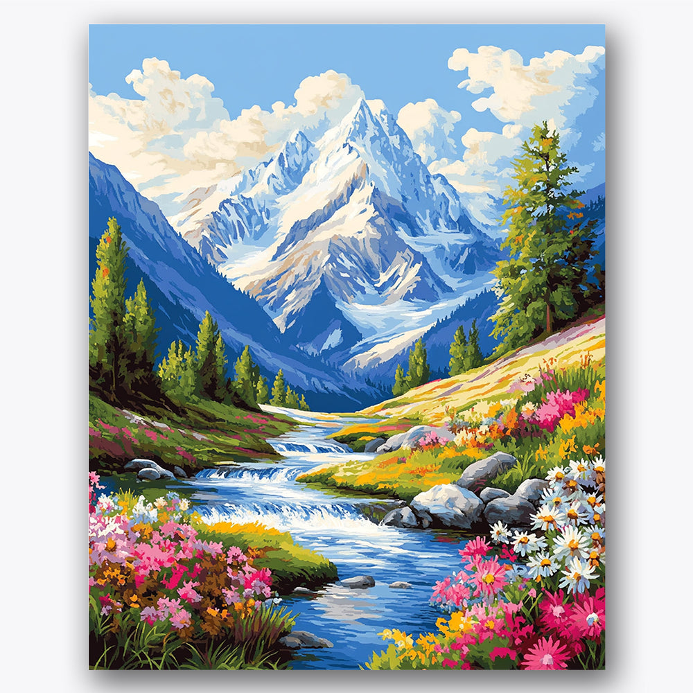 Paint by numbers design of mountain landscape, river and wildflowers, snow-capped mountains, cascading river