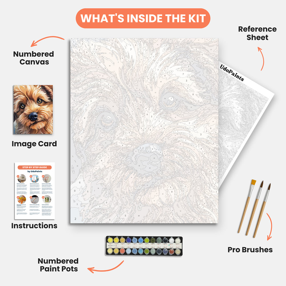 Fluffy Puppy Paint by Numbers Kit – includes numbered canvas, paint pots, brushes, and instructions