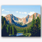 Paint by numbers design of mountains, pine trees, towering mountain peaks, lush green pine trees