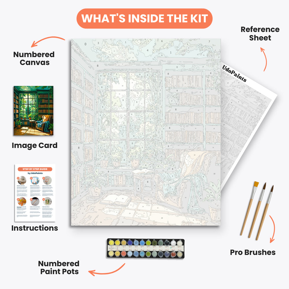 Forest Library Retreat Paint by Numbers Kit – includes numbered canvas, paint pots, brushes, and instructions