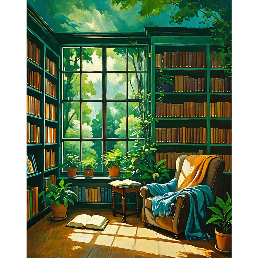 Forest Library Retreat Paint by Numbers Kit design preview showing the full artwork layout before painting