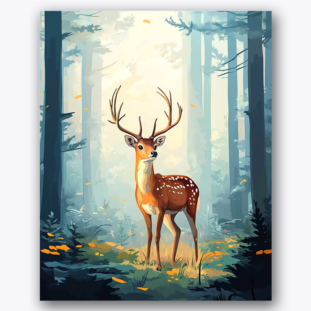 Paint by numbers design of deer, forest, majestic antlers, sunlit forest, A deer stands elegantly within a sunlit forest