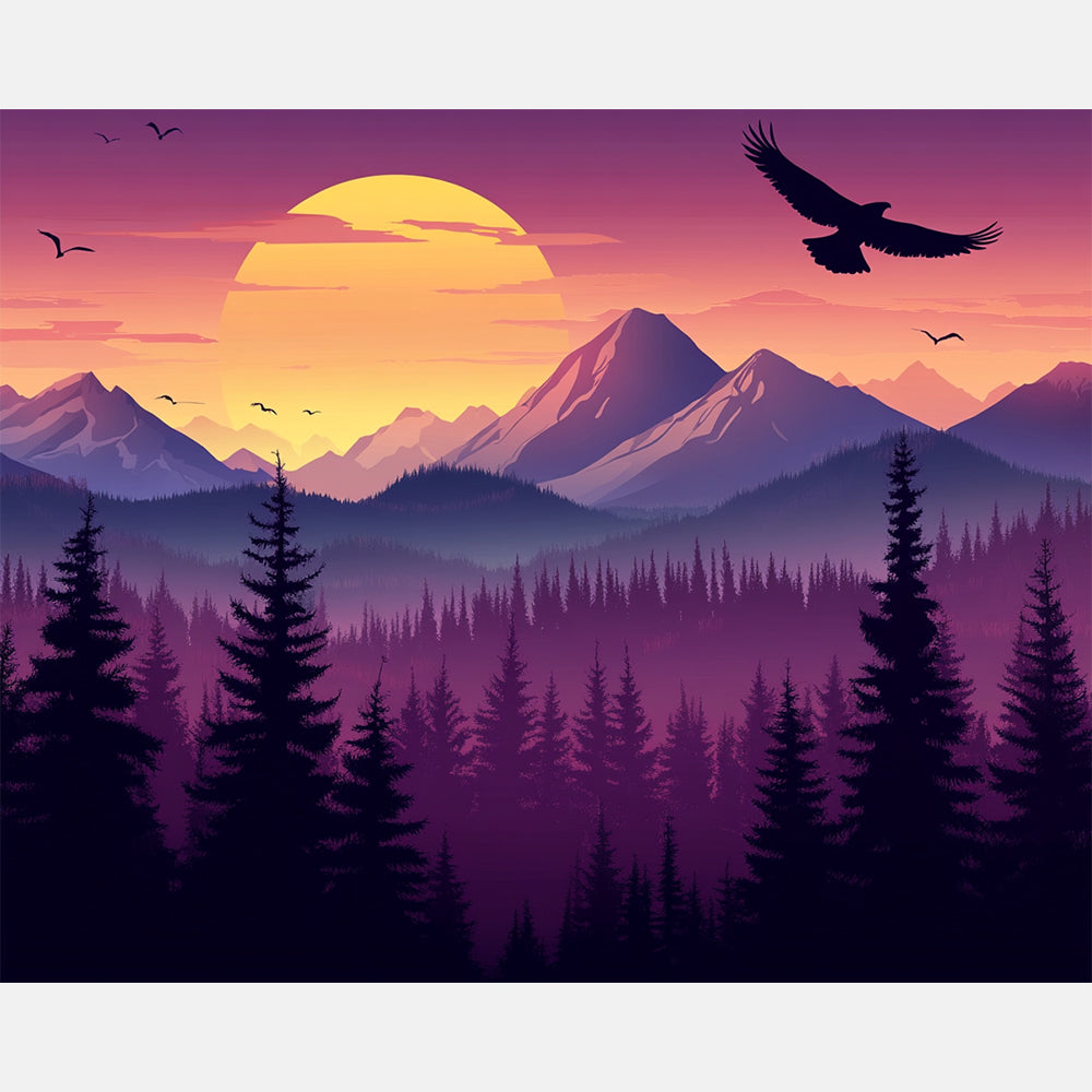 Forest Sunrise Paint by Numbers Kit design preview showing the full artwork layout before painting