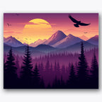 Paint by numbers design of mountains, eagles, soaring eagle, layered mountains