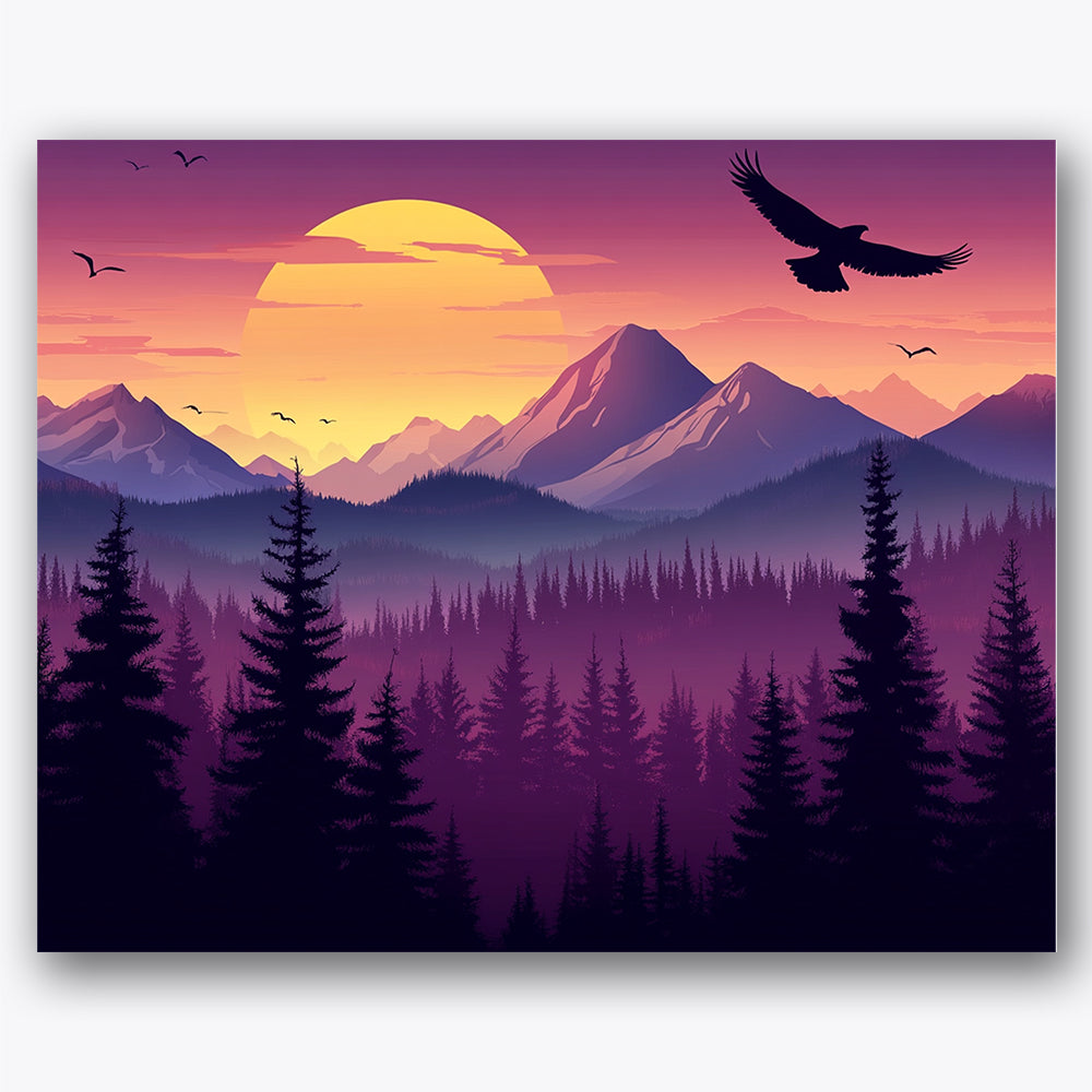 Paint by numbers design of mountains, eagles, soaring eagle, layered mountains