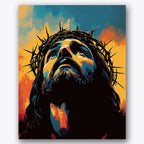 Paint by numbers design of crown of thorns, uplifted face, sharp thorns detail, vivid contrasting colors