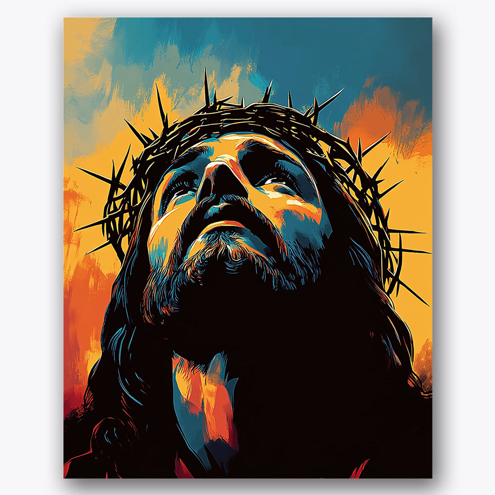 Paint by numbers design of crown of thorns, uplifted face, sharp thorns detail, vivid contrasting colors