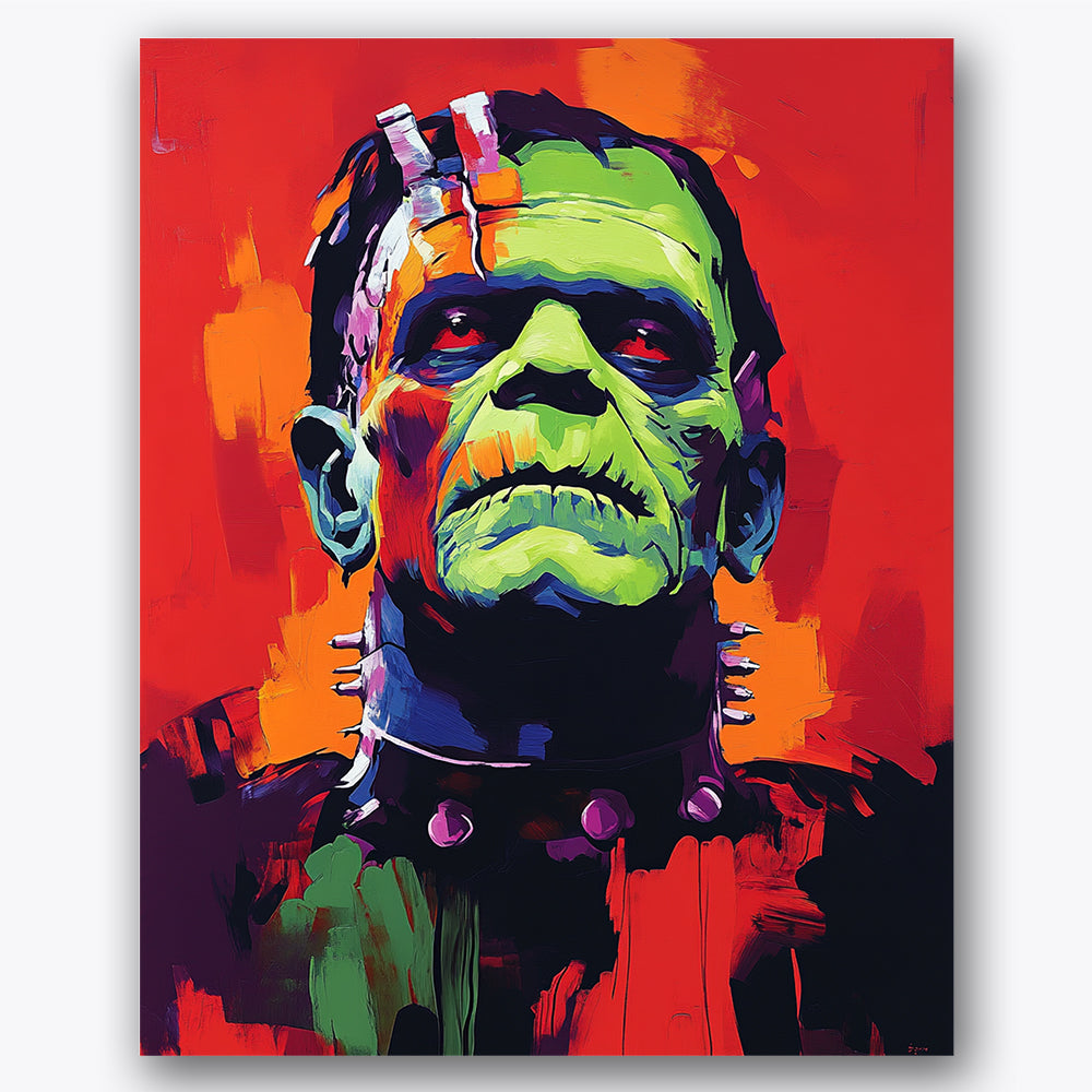 Paint by numbers design of monster, red background, green and orange hues, bold red backdrop