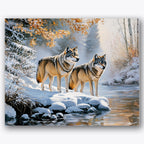 Paint by numbers design of wolves, snowy riverbank, two standing wolves, snowy riverbank