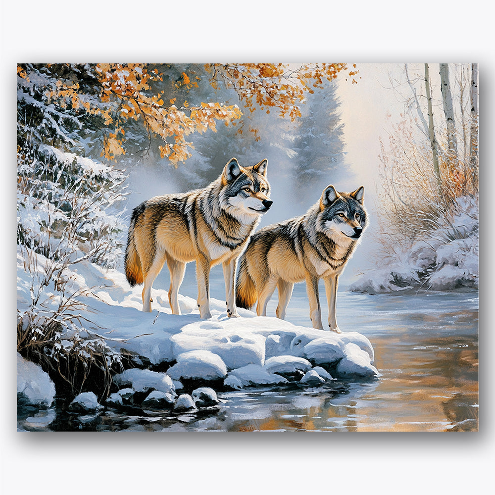 Paint by numbers design of wolves, snowy riverbank, two standing wolves, snowy riverbank
