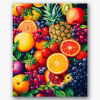 Paint by numbers design of fruits, assorted berries, abundant fruit variety, rich citrus hues