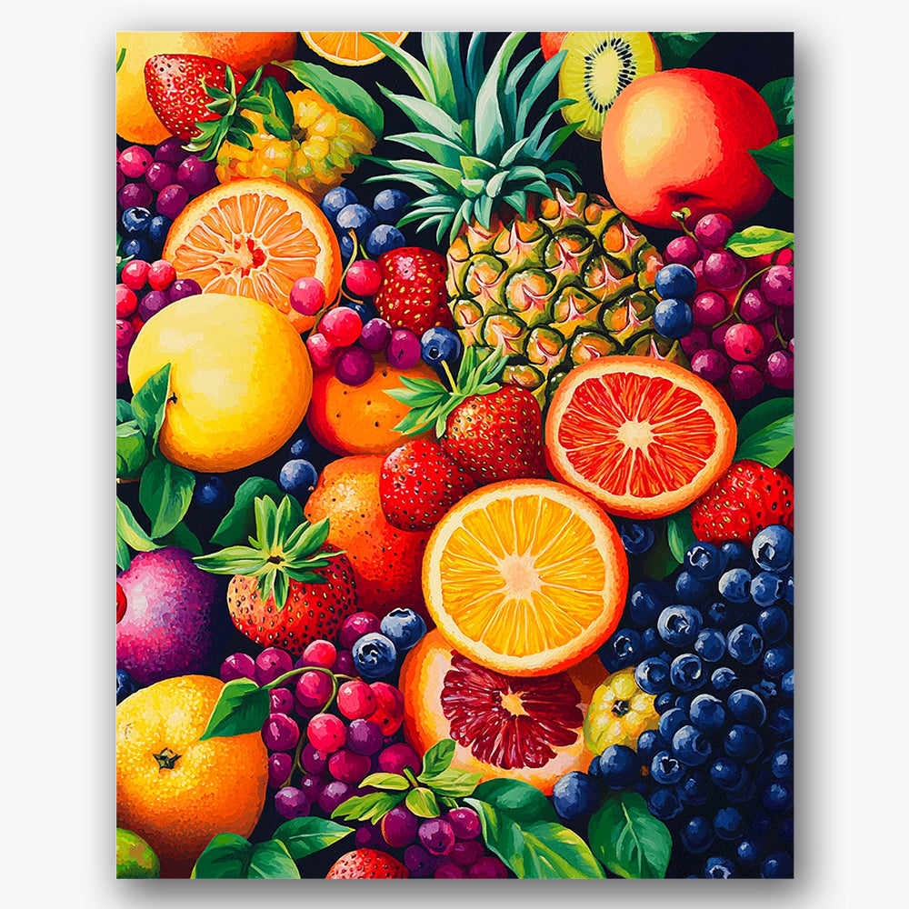 Paint by numbers design of fruits, assorted berries, abundant fruit variety, rich citrus hues