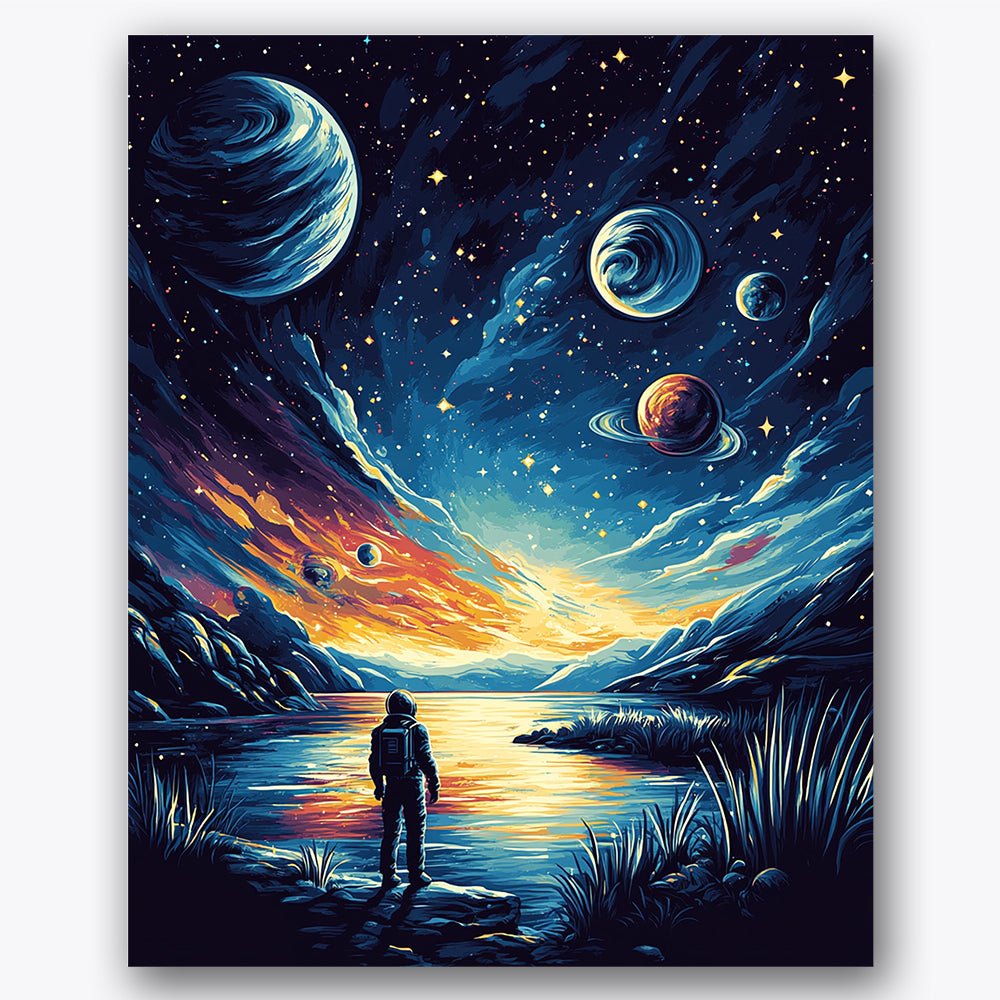 Paint by numbers design of astronaut, planets, vibrant planets, reflective lake