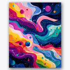 Paint by numbers design of colorful waves, cosmic circles, swirling color waves, celestial circles
