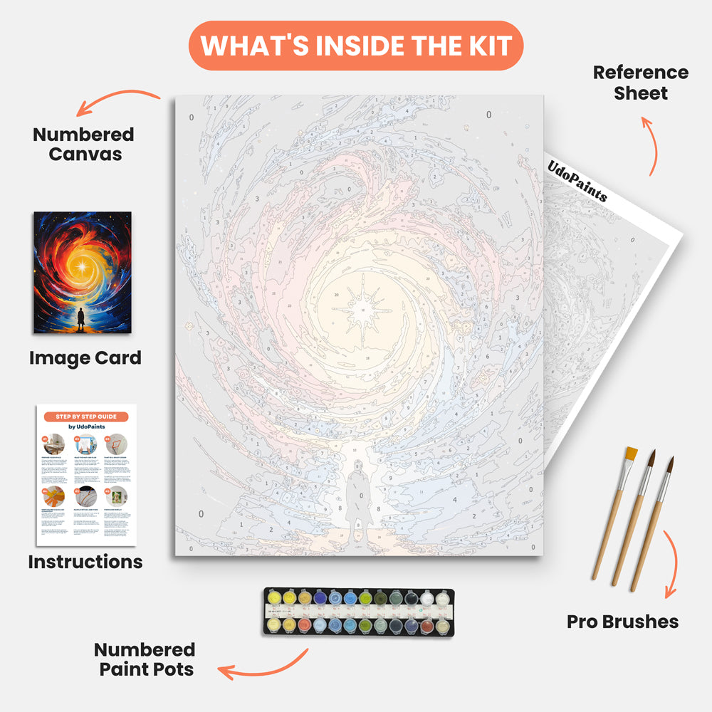 Galactic Whirl Paint by Numbers Kit – includes numbered canvas, paint pots, brushes, and instructions