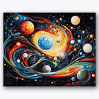 Paint by numbers design of planets, stars, swirling planets, glowing stars