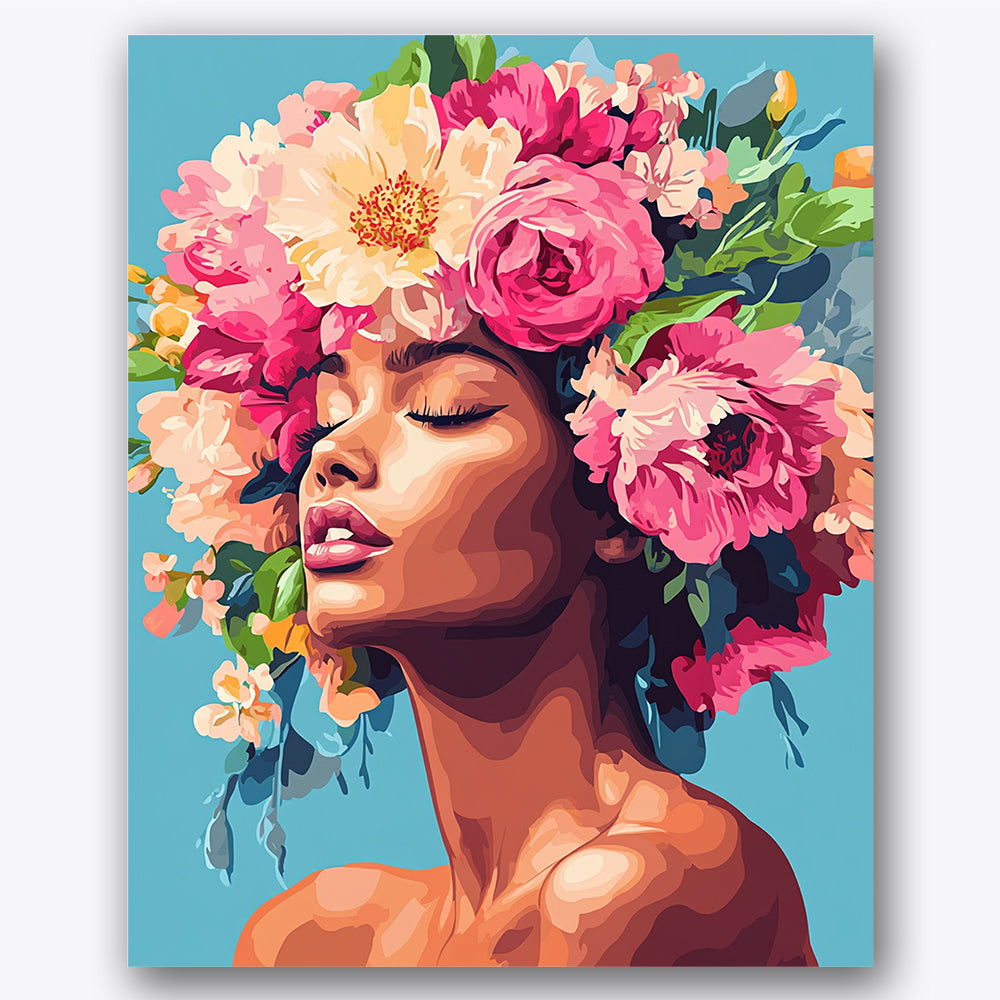 Paint by numbers design of woman, floral headdress, vibrant floral headdress, closed eyes expression