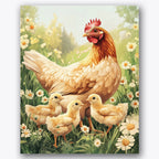 Paint by numbers design of hen, chicks, vibrant daisies, golden feathers