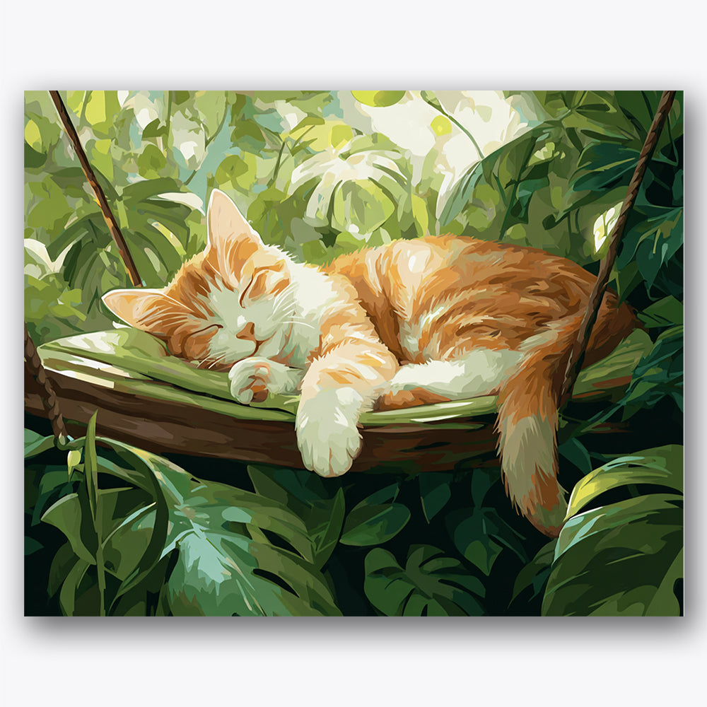 Paint by numbers design of kitten, garden swing, orange and white fur, lush green leaves