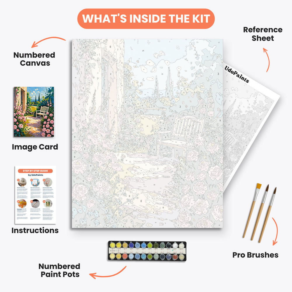 Garden Retreat Paint by Numbers Kit – includes numbered canvas, paint pots, brushes, and instructions