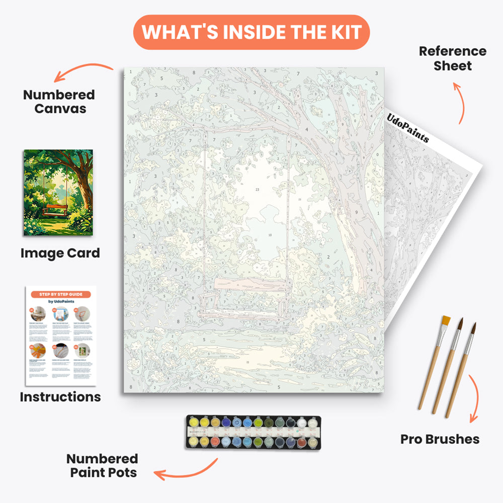 Garden Swing Paint by Numbers Kit – includes numbered canvas, paint pots, brushes, and instructions