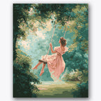 Paint by numbers design of woman on swing, lush greenery, woman in flowing dress, sun-dappled leaves