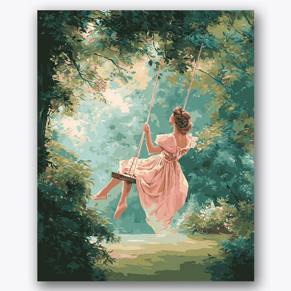 Paint by numbers design of woman on swing, lush greenery, woman in flowing dress, sun-dappled leaves