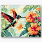 Paint by numbers design of hummingbird, tropical flowers, bright hibiscus flowers, lush green leaves