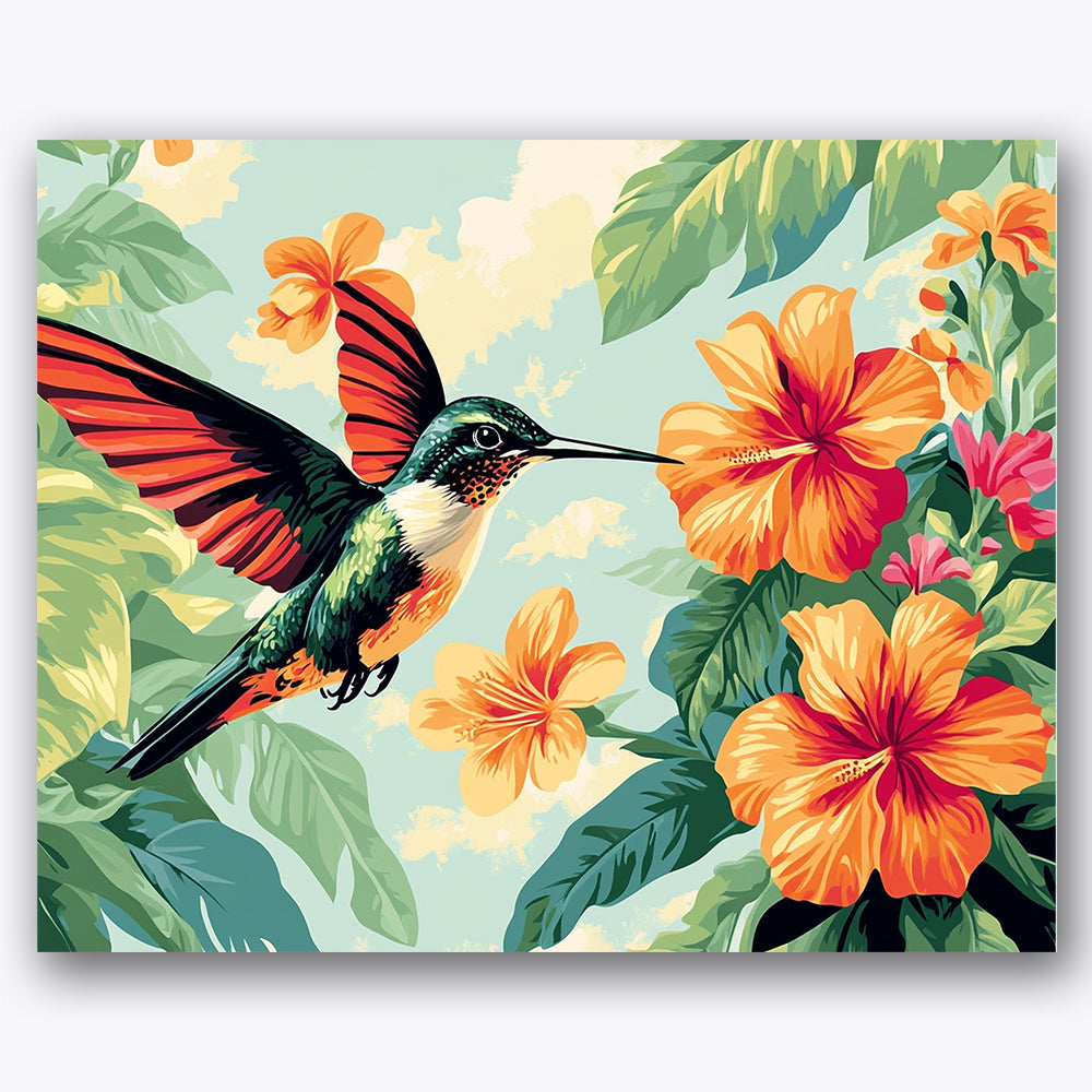 Paint by numbers design of hummingbird, tropical flowers, bright hibiscus flowers, lush green leaves