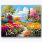 Paint by numbers design of garden path, lake, vibrant flowers, winding pathway